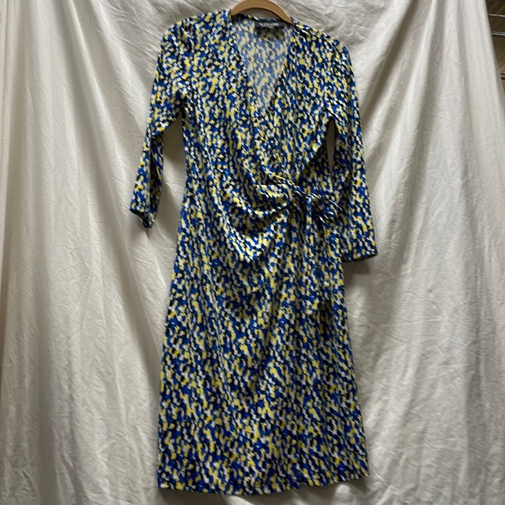 Evan Picone sz 6 slinky stretchy dress blue yellow black and white